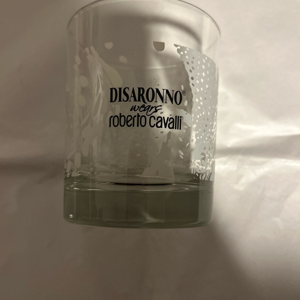 4" Tall Disaronno Wears Roberto Cavalli White Lace Logo Drinking Beverage Glass